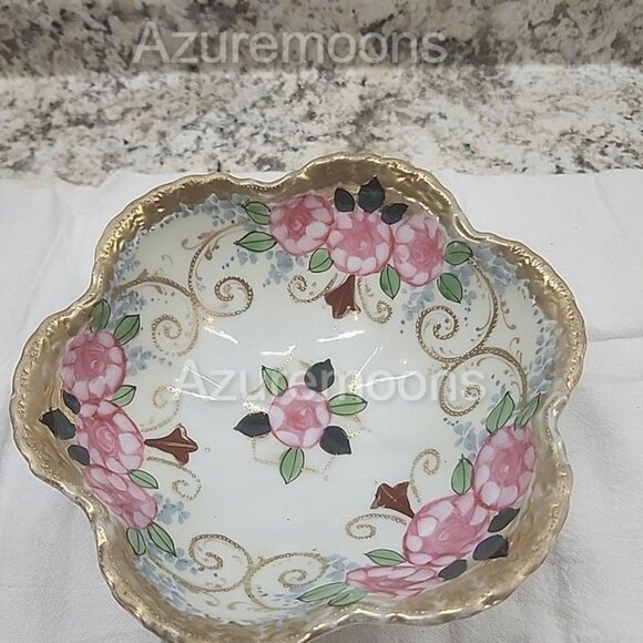 Vintage Hand painted Moriage 3 footed   Bowl Pink Roses Gold Trim 7.5" - Picture 1 of 8